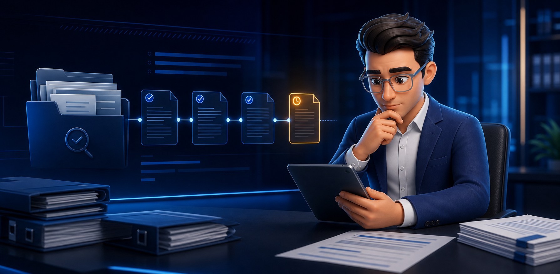 Representante da Platino analisando documentos de um processo que aguarda despacho inicial