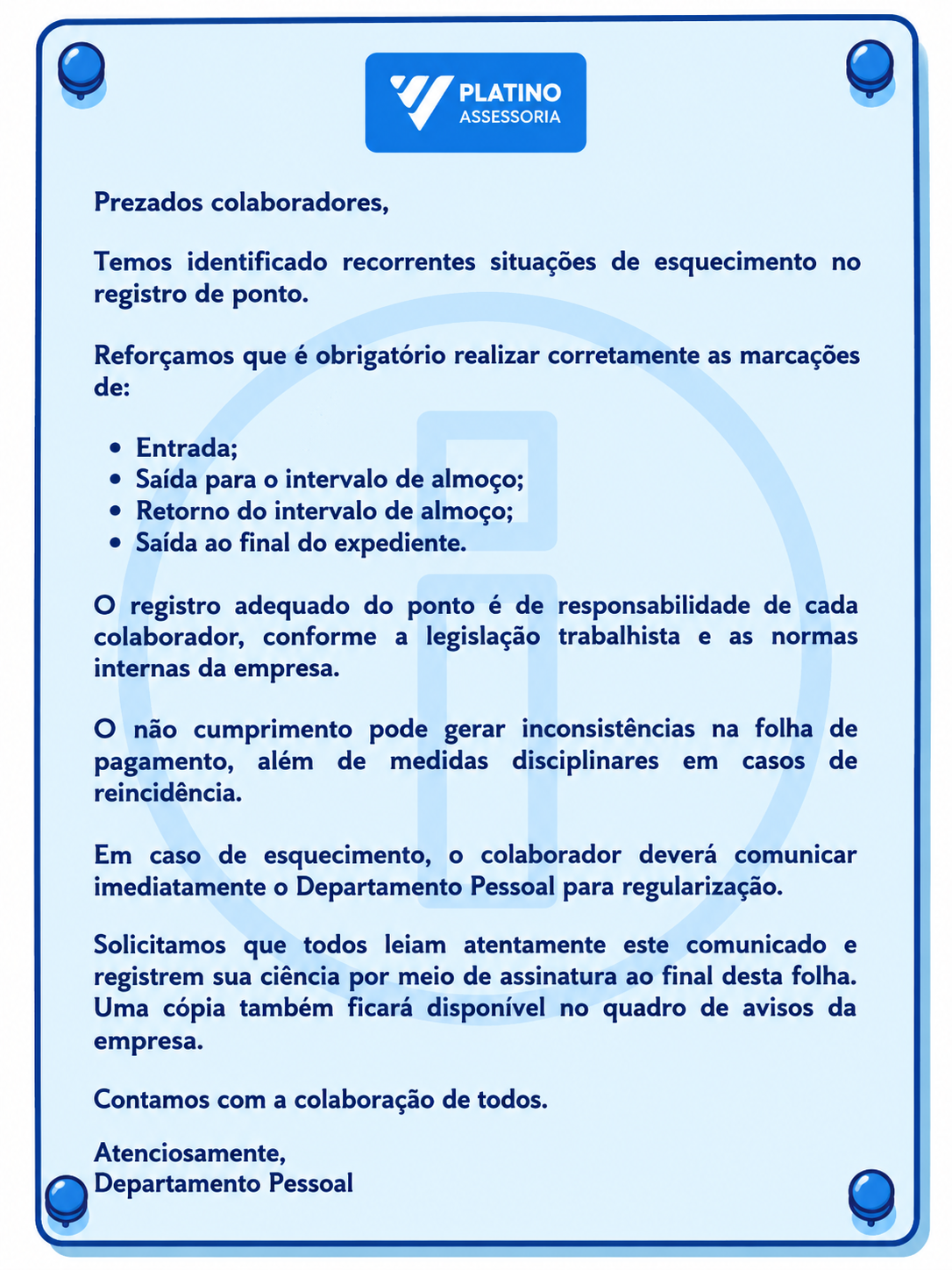 Comunicado do Departamento Pessoal sobre o registro correto de ponto